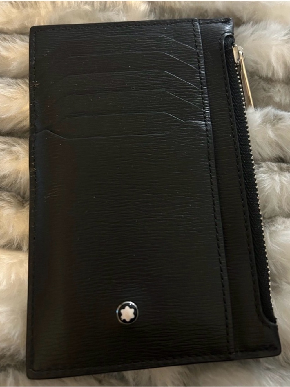 Montblanc Black Leather Card Case with Zip Pocket and Emblem - FITS 8 CC
